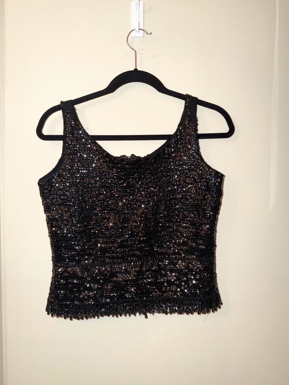 Vintage Black Sequin Beaded Fringe Tank Top Evening Party